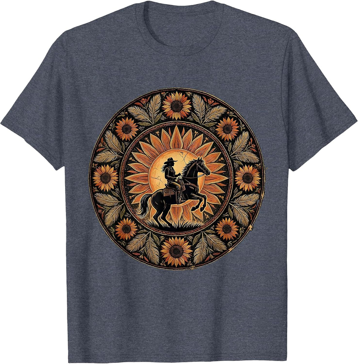 Cowgirl Riding Horse at Sunset Western Design T-Shirt - Heather Blue