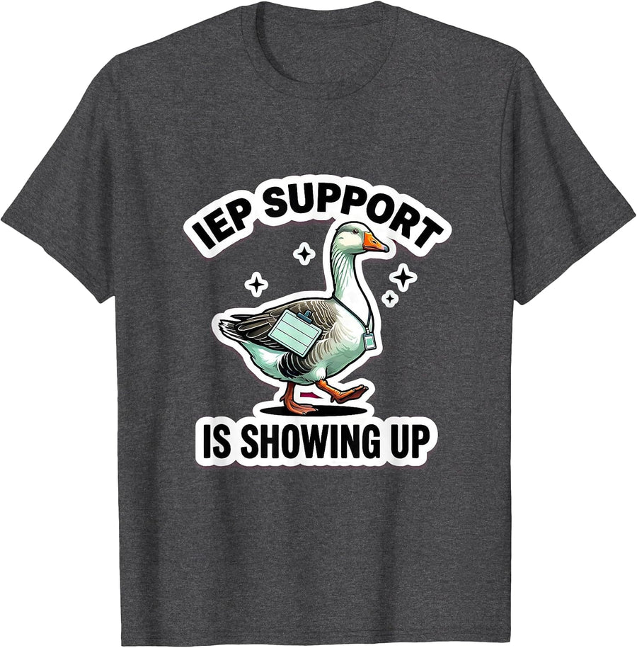 Men's IEP Support Is Showing Up Funny Special Education Teacher T-Shirt - Dark Heather Grey