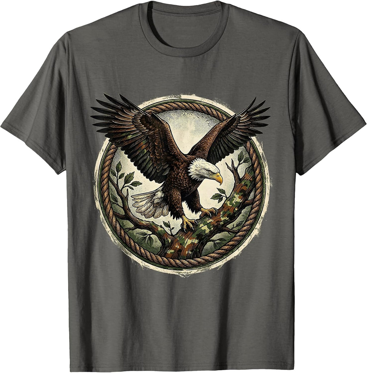 Eagle Landing on Camo Branch Wildlife Design T-Shirt - Asphalt Grey