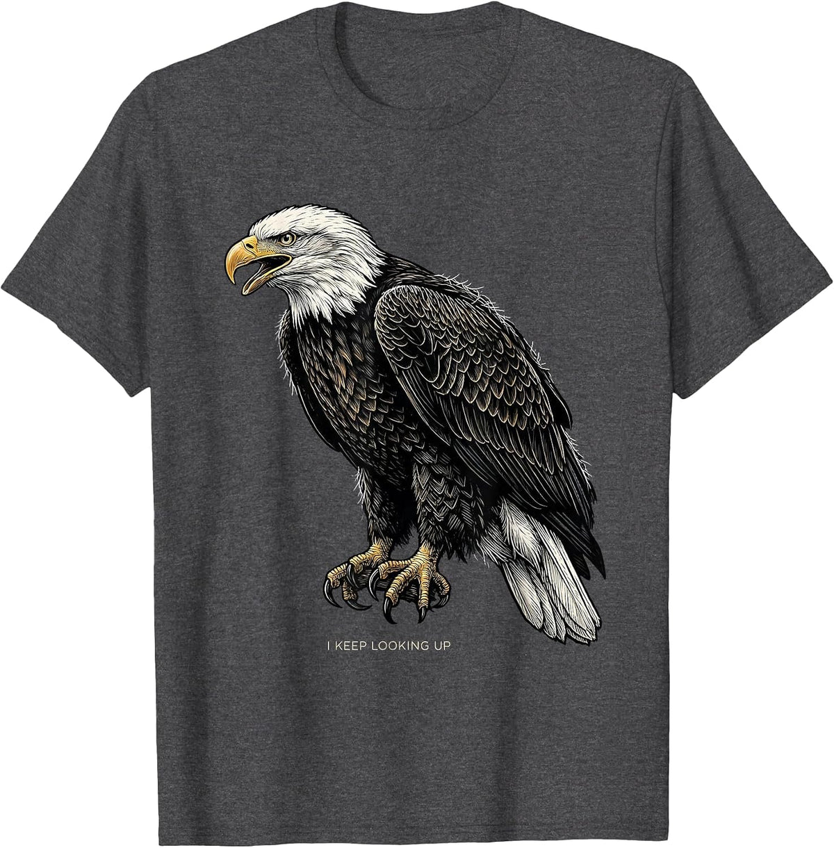 Men's I Keep Looking Up Woodcut Engraving Patriotic Eagle Bird T-Shirt - Dark Heather Grey