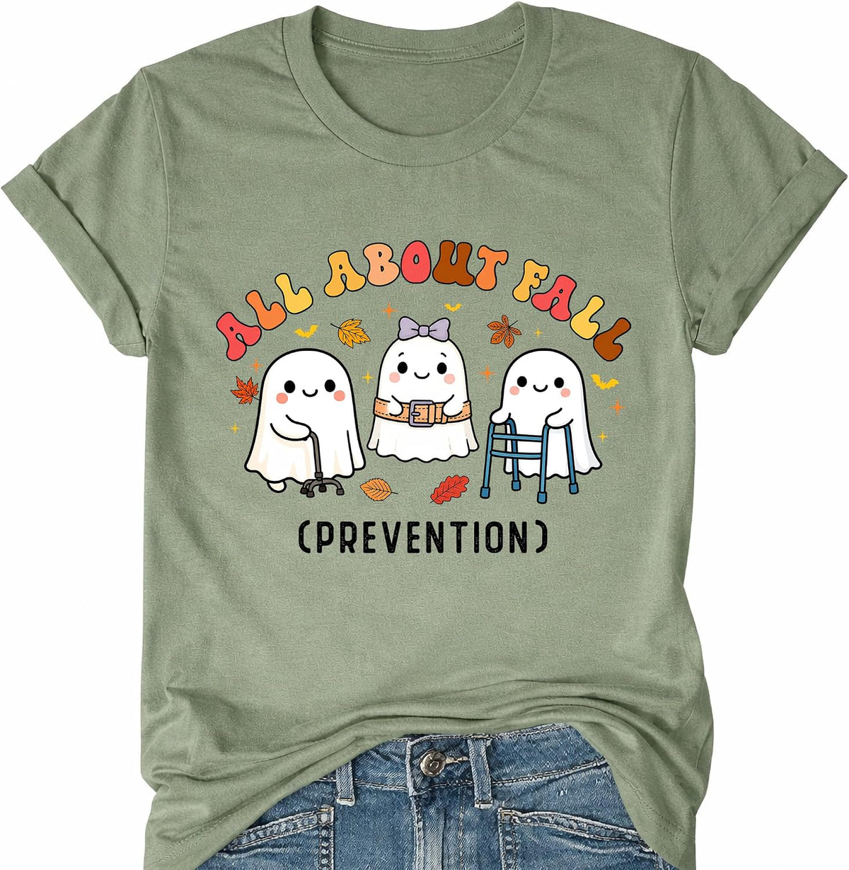 Nurse All About Fall Prevention Shirt Halloween Ghost Graphic T-Shirts - Green Crewneck