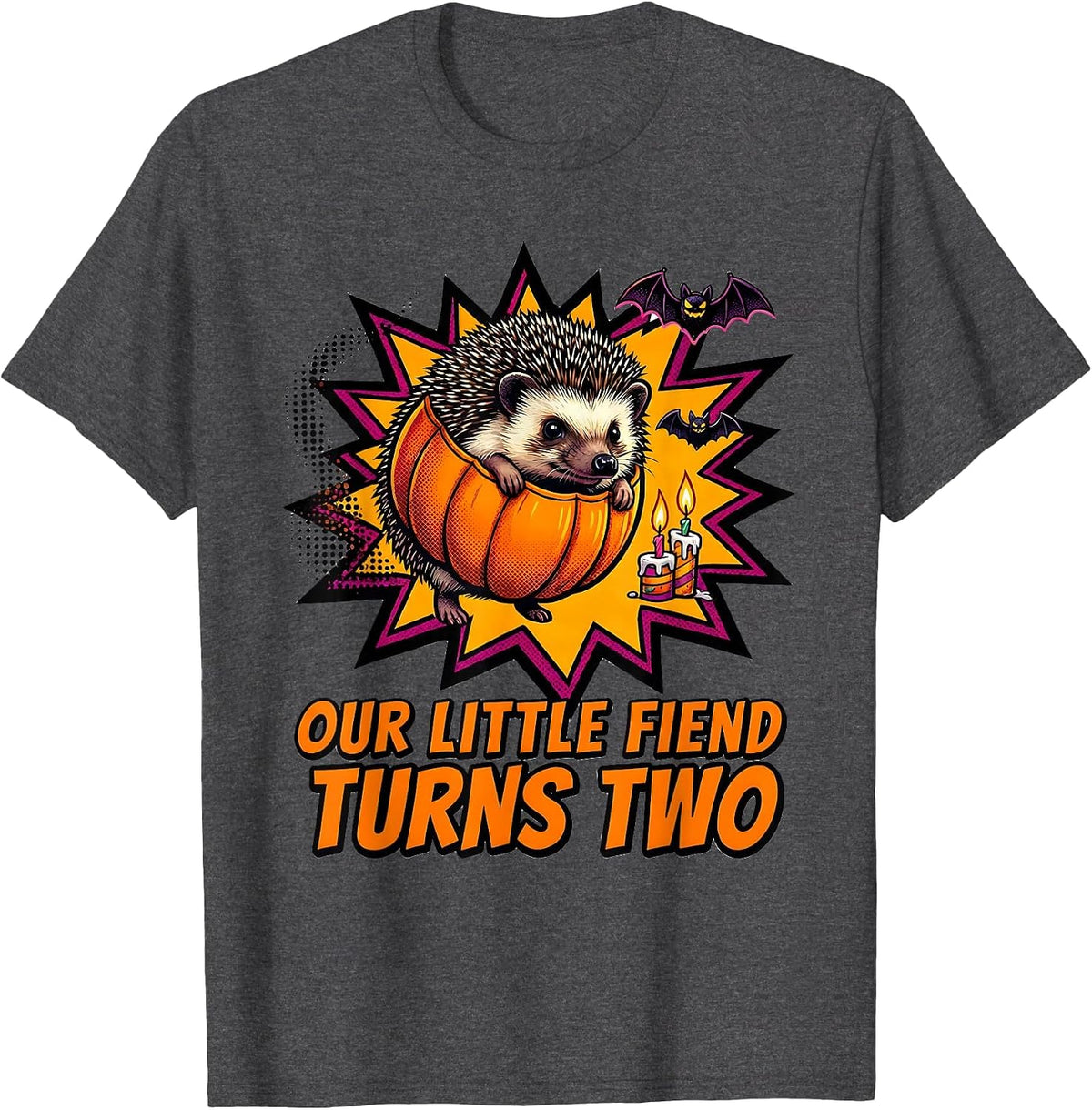Our Little Fiend Turns Two Cute Hedgehog Halloween Toddler T-Shirt - Dark Heather Grey