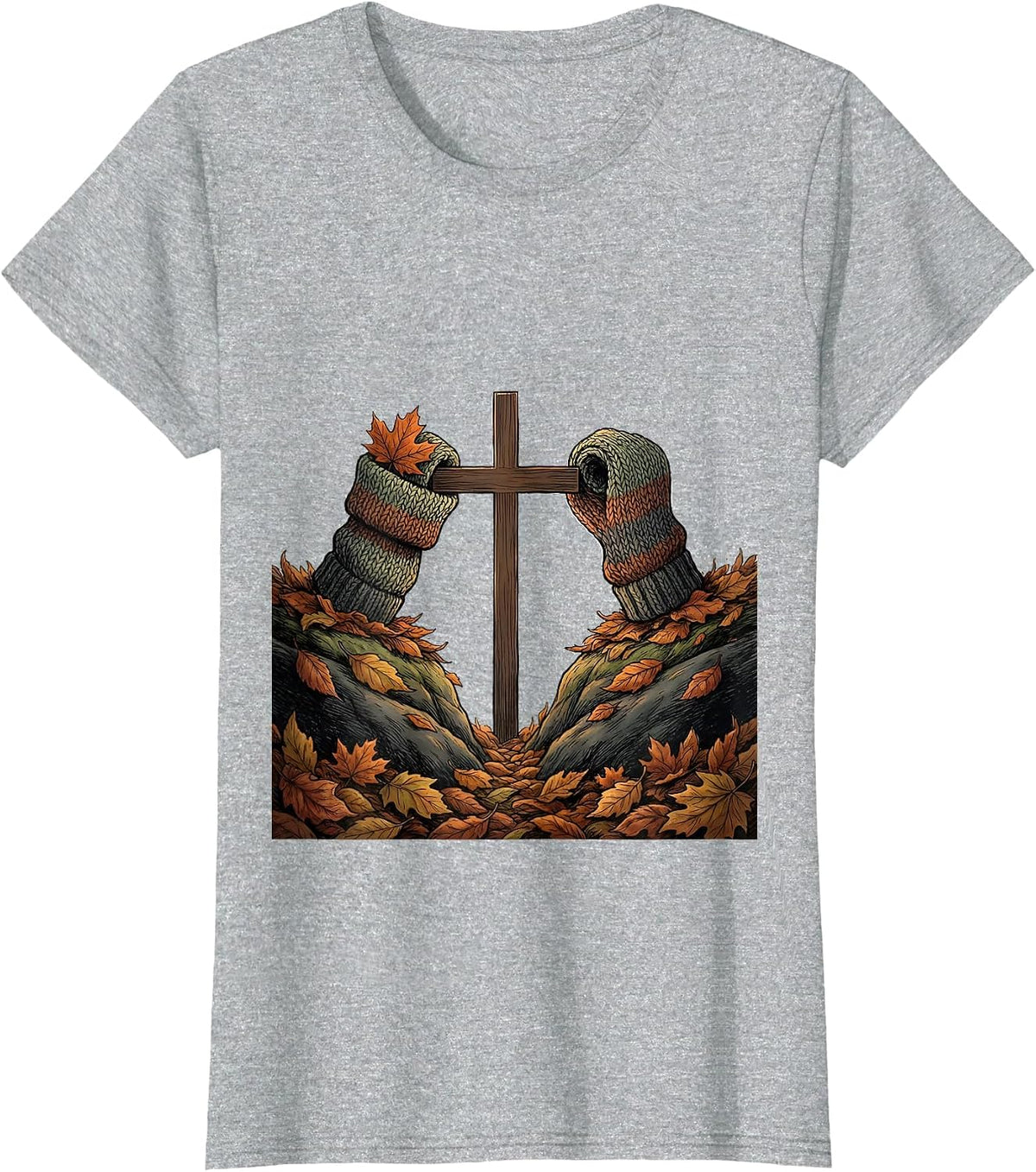 Rolled Knit Cuff Maple Leaf Faith Cozy Fall Autumn T-Shirt - Heather Grey