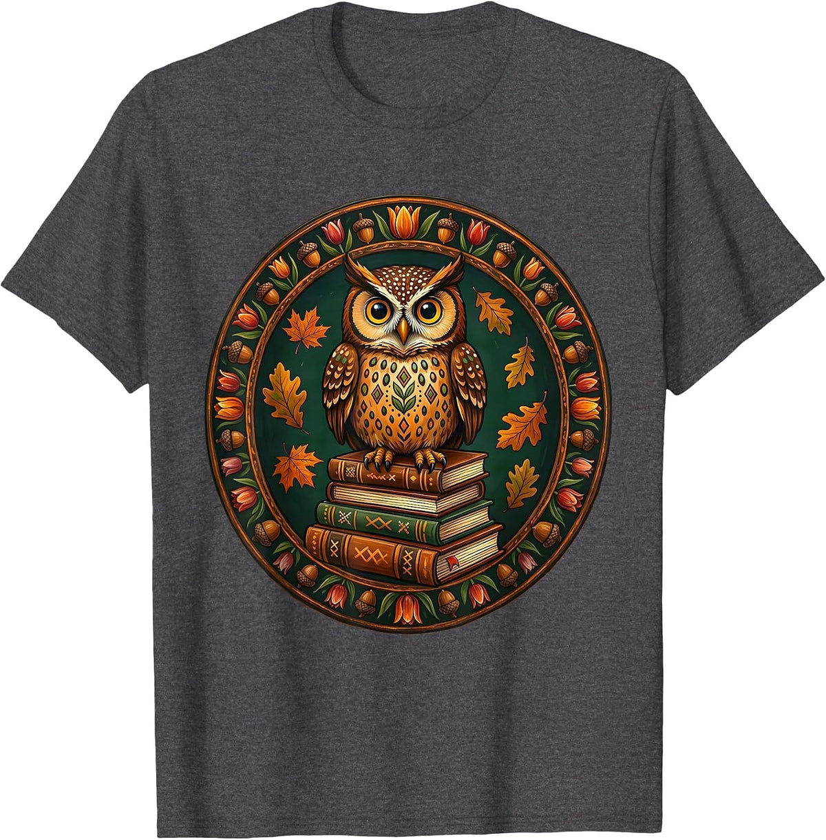 Fall Teacher Owl on Books Illustration T-Shirt - Dark Heather Grey