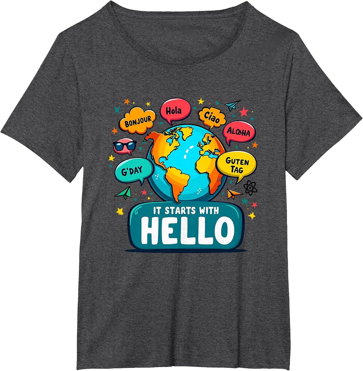 It Starts with Hello Friendship Inclusion Language Teacher T-Shirt - Dark Heather Grey