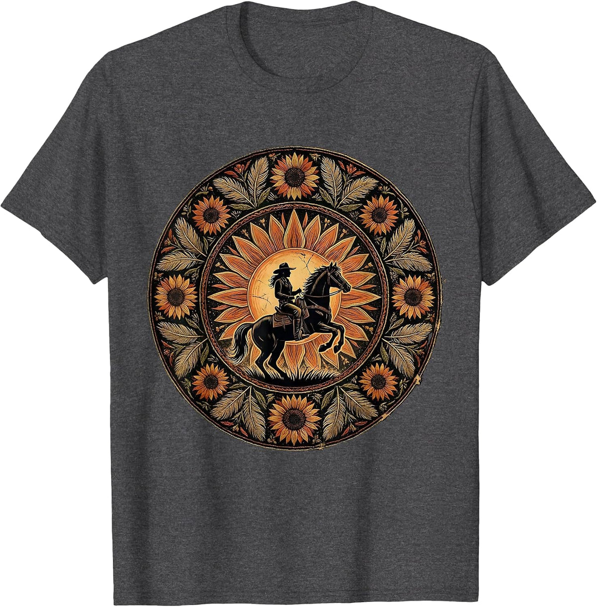 Cowgirl Riding Horse at Sunset Western Design T-Shirt - Dark Heather Grey