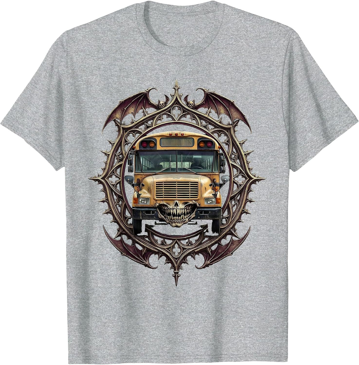 Men's Halloween Haunted School Bus Glowing Windows T-Shirt - Heather Grey