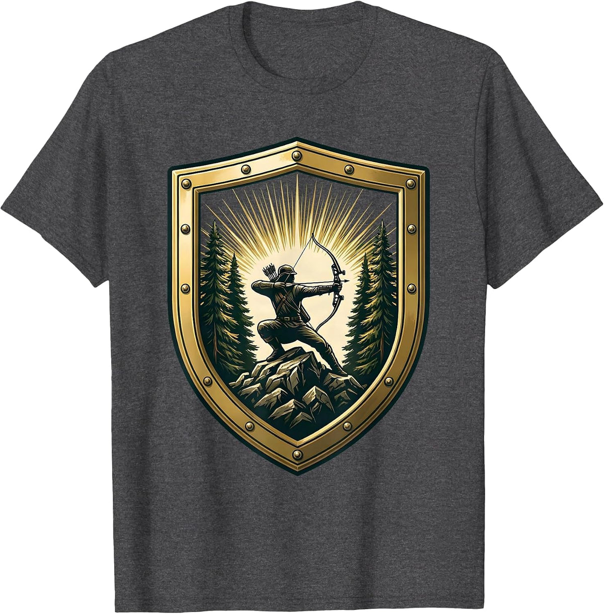 Bowhunter Crouched Behind Rocky Outcropping T-Shirt - Dark Heather Grey