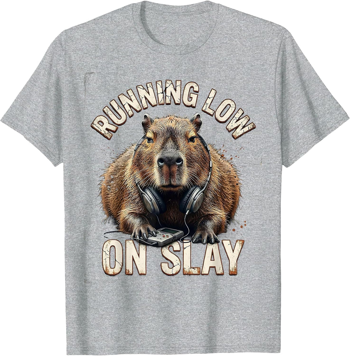 Men's running low on slay Distressed Capybara Gamer Meme Humor T-Shirt - Heather Grey