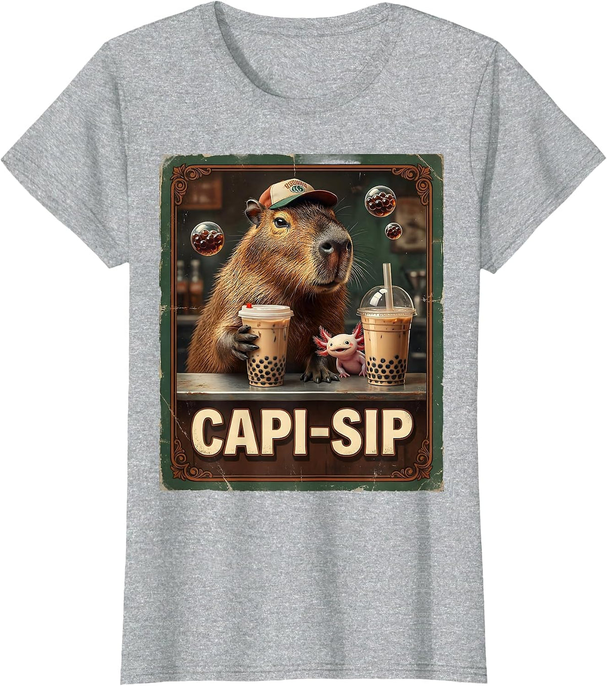 Capi-Sip Vintage Kawaii Capybara Boba Tea Anime Humor T-Shirt - Heather Grey