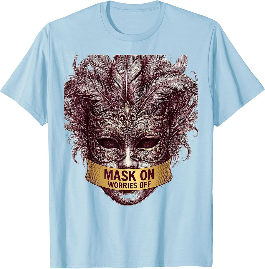 Men's Mask On Worries Off Mardi Gras Design T-Shirt - Baby Blue