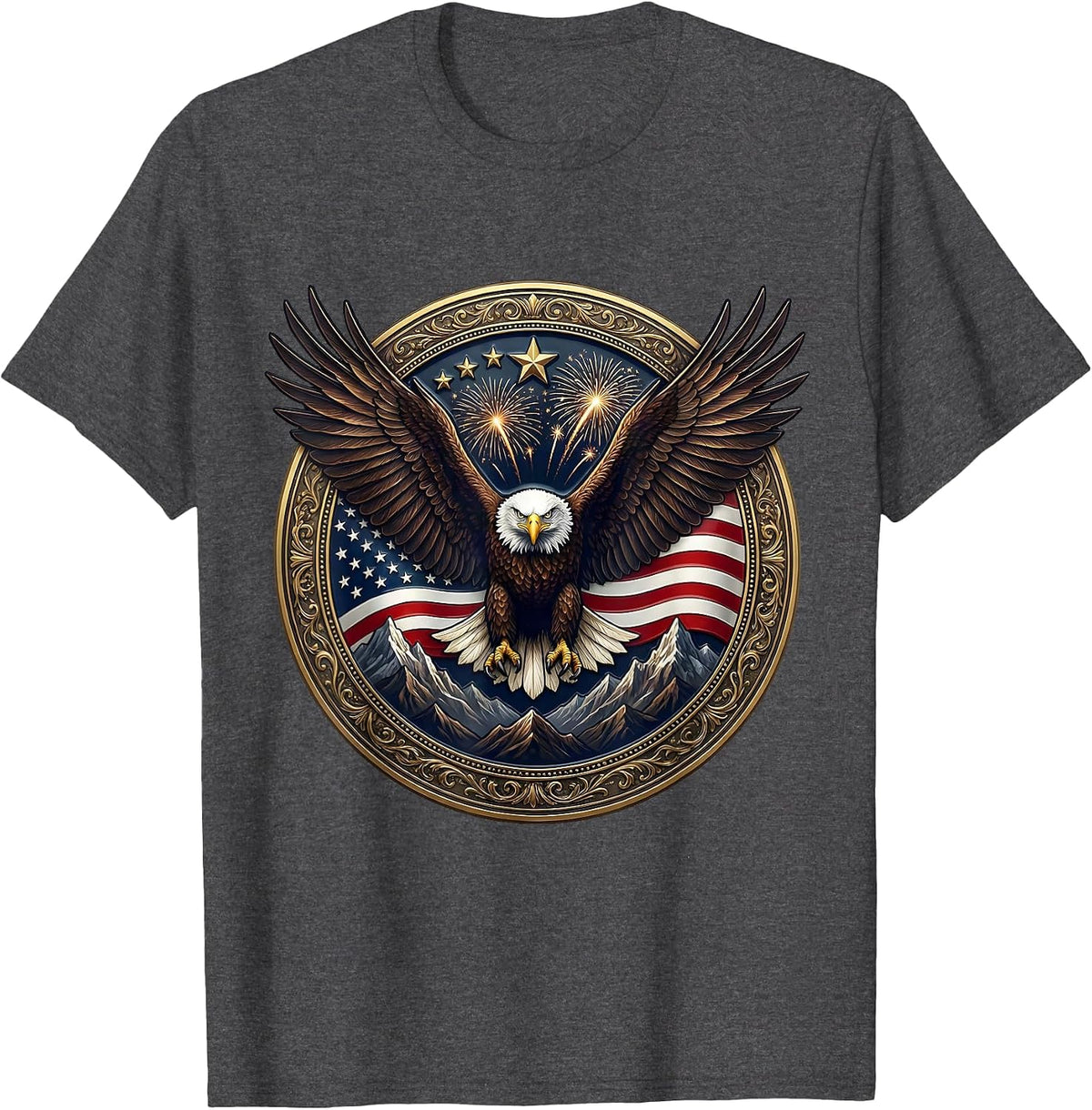 Men's Red White and Blue Bald Eagle Mountain Peak T-Shirt - Dark Heather Grey