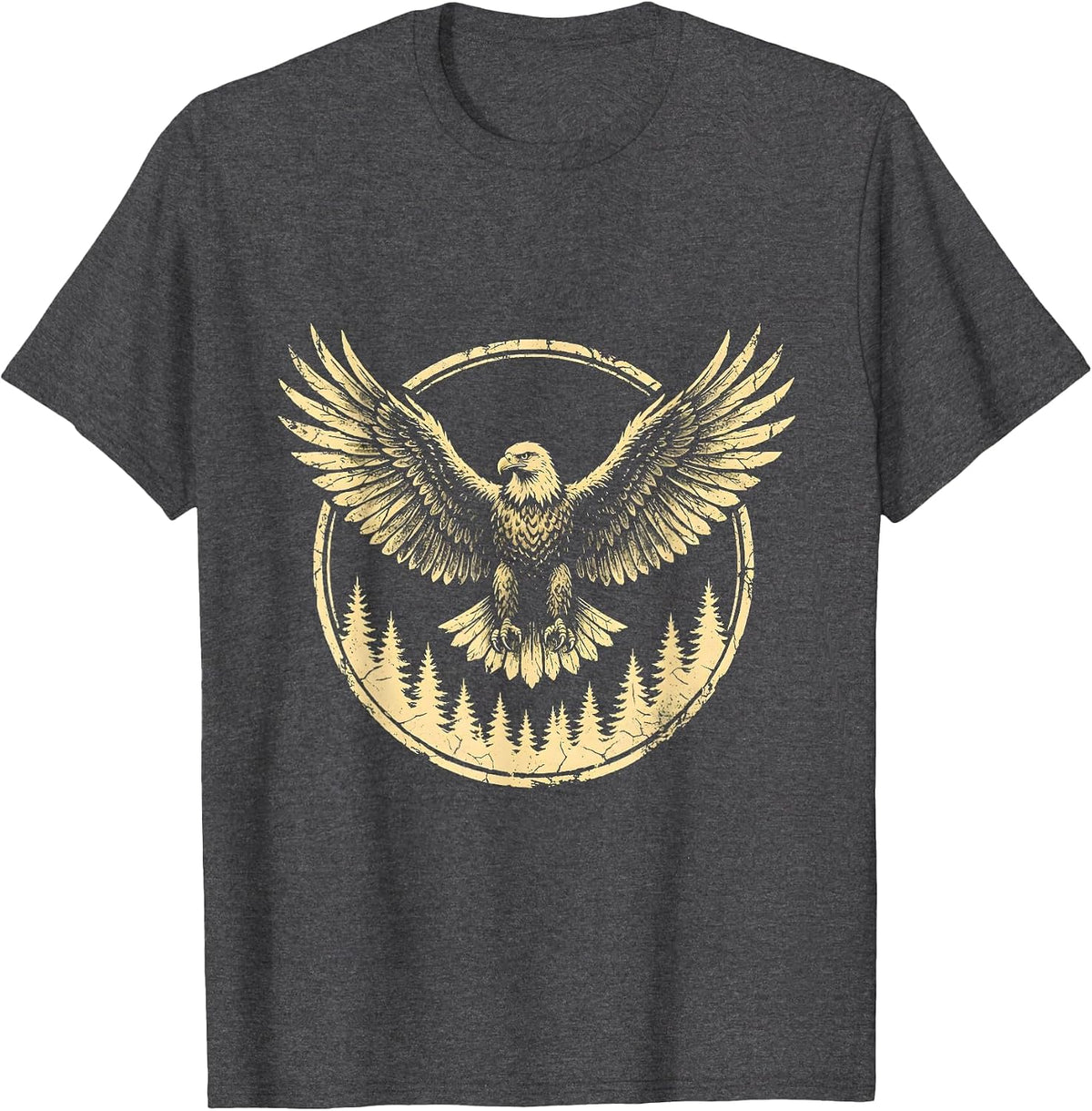 Eagle Soaring Over Camo Treetops Graphic T-Shirt - Dark Heather Grey
