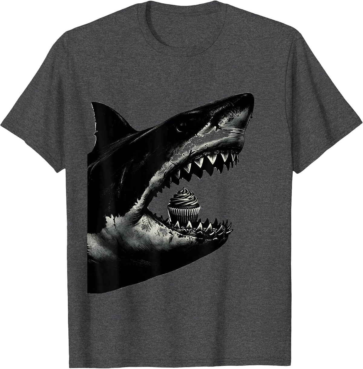Men's Shark Jaws Silhouette Funny Ocean Wildlife Gift T-Shirt - Dark Heather Grey