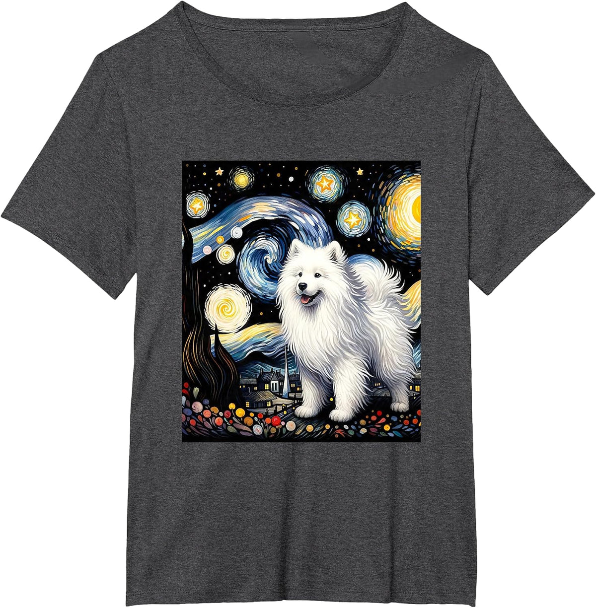 Samoyed Dog Van Gogh Starry Night Painting T-Shirt - Dark Heather Grey