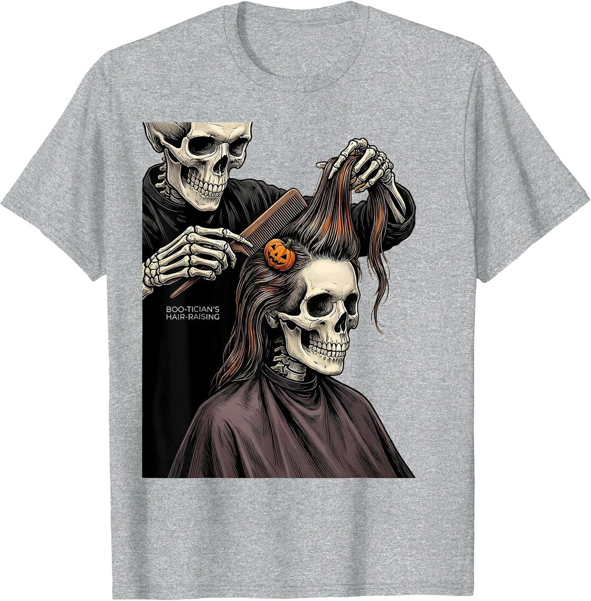 Men's Boo-tician's Hair-Raising Funny Skeleton Hairdresser T-Shirt - Heather Grey