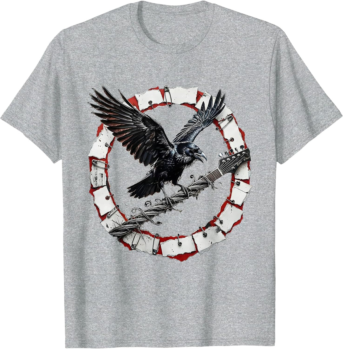Men's Raven on Broken Guitar String Rock Art Design T-Shirt - Heather Grey