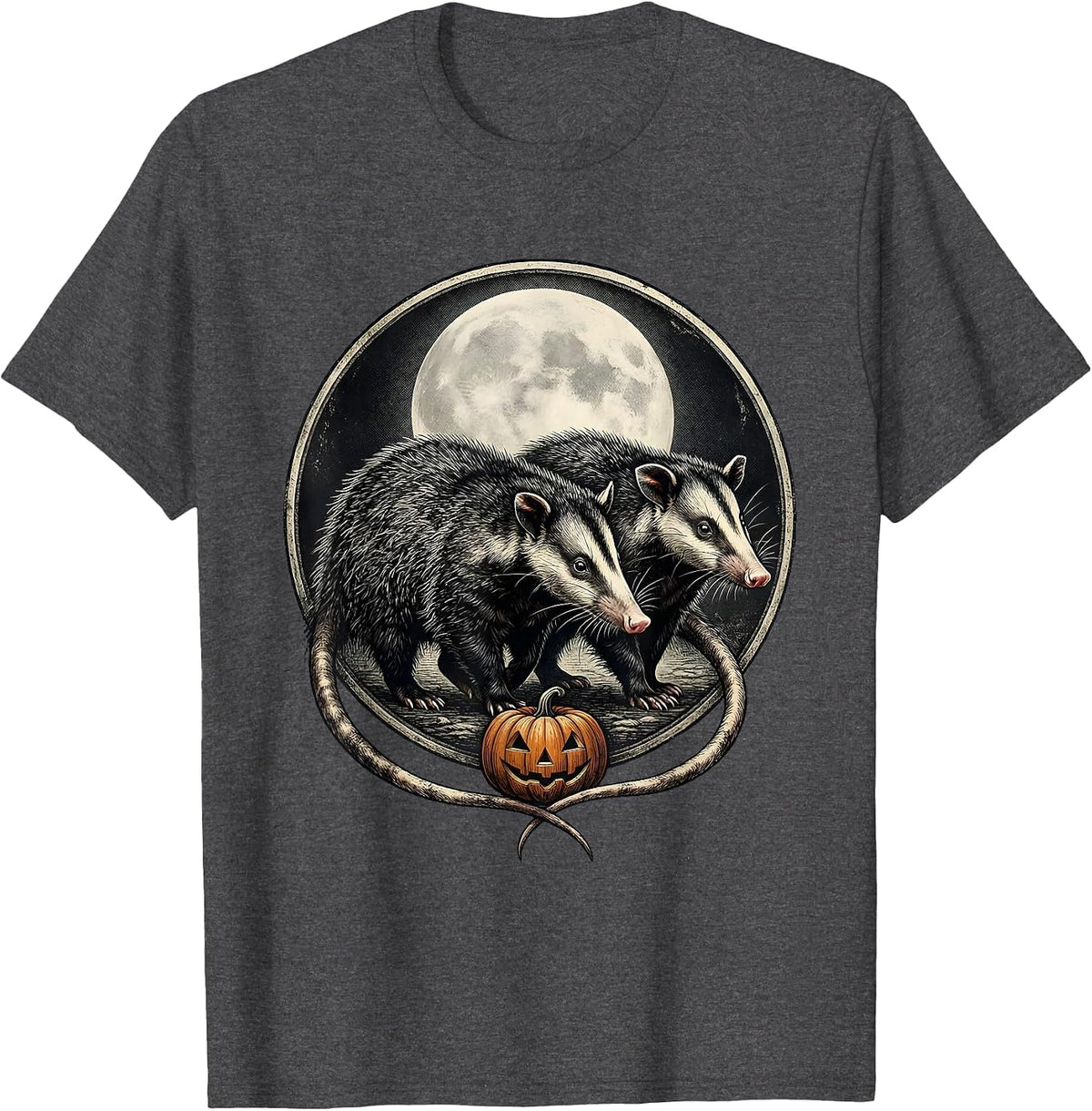 Vintage Opossum Moon Spooky Halloween T-Shirt - Dark Heather Grey