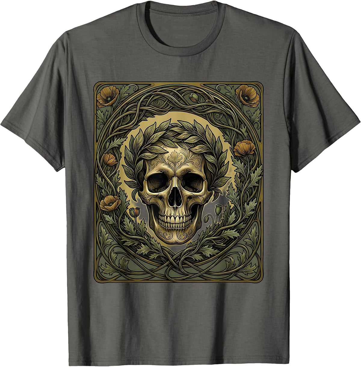 Men's Renaissance Skull Laurel Wreath Crown Art Design T-Shirt - Asphalt Grey