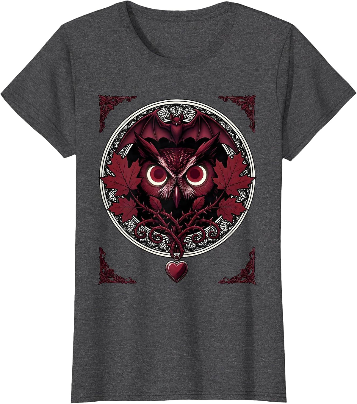 Women's Owl Eyes Peering Through Autumn Leaves Halloween T-Shirt - Dark Heather Grey