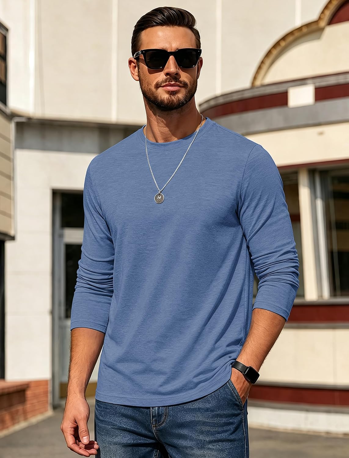 Mens Long Sleeve Tee Shirts Crew Neck Casual Regular Fit Plain - size chart