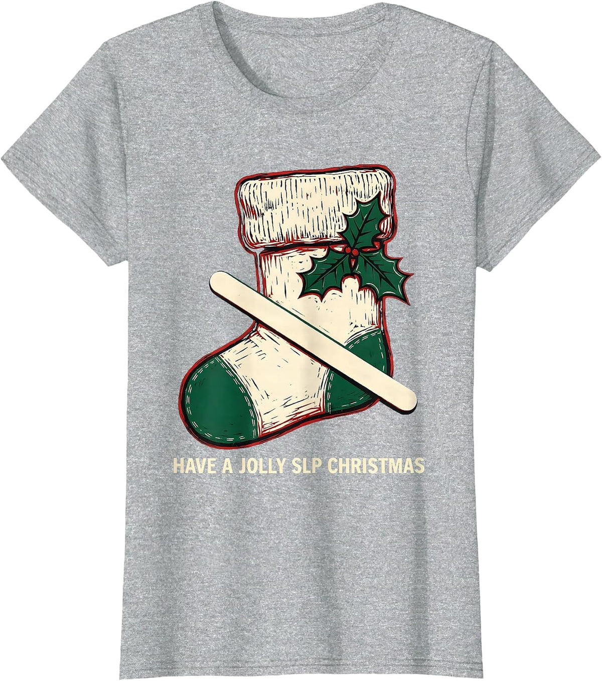 Have a Jolly SLP Christmas Linocut Speech Therapist Holiday T-Shirt - Heather Grey