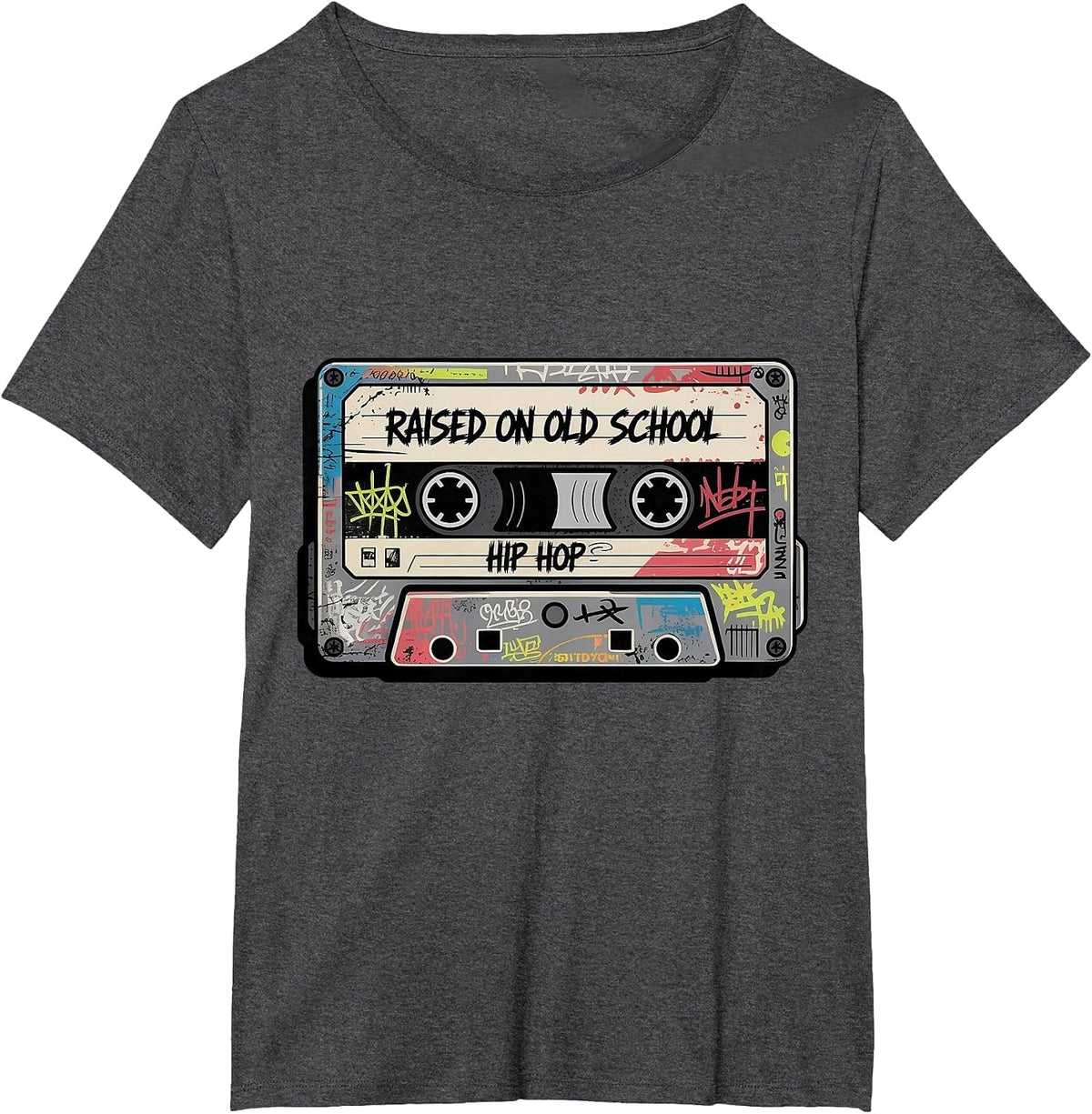 Raised On Oldschool Hip Hop Music Graffiti Art Cassette Tape T-Shirt - Dark Heather Grey
