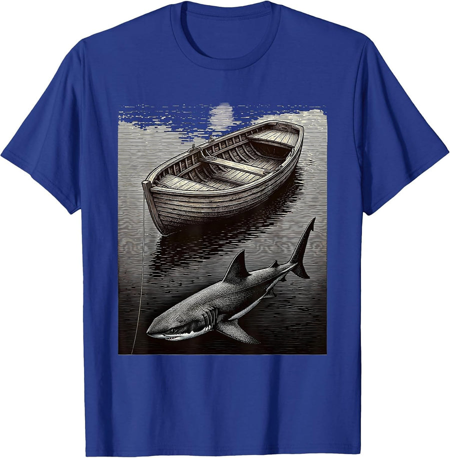 Shark Fin Circling Fishing Boat Graphic Tee T-Shirt - Royal Blue