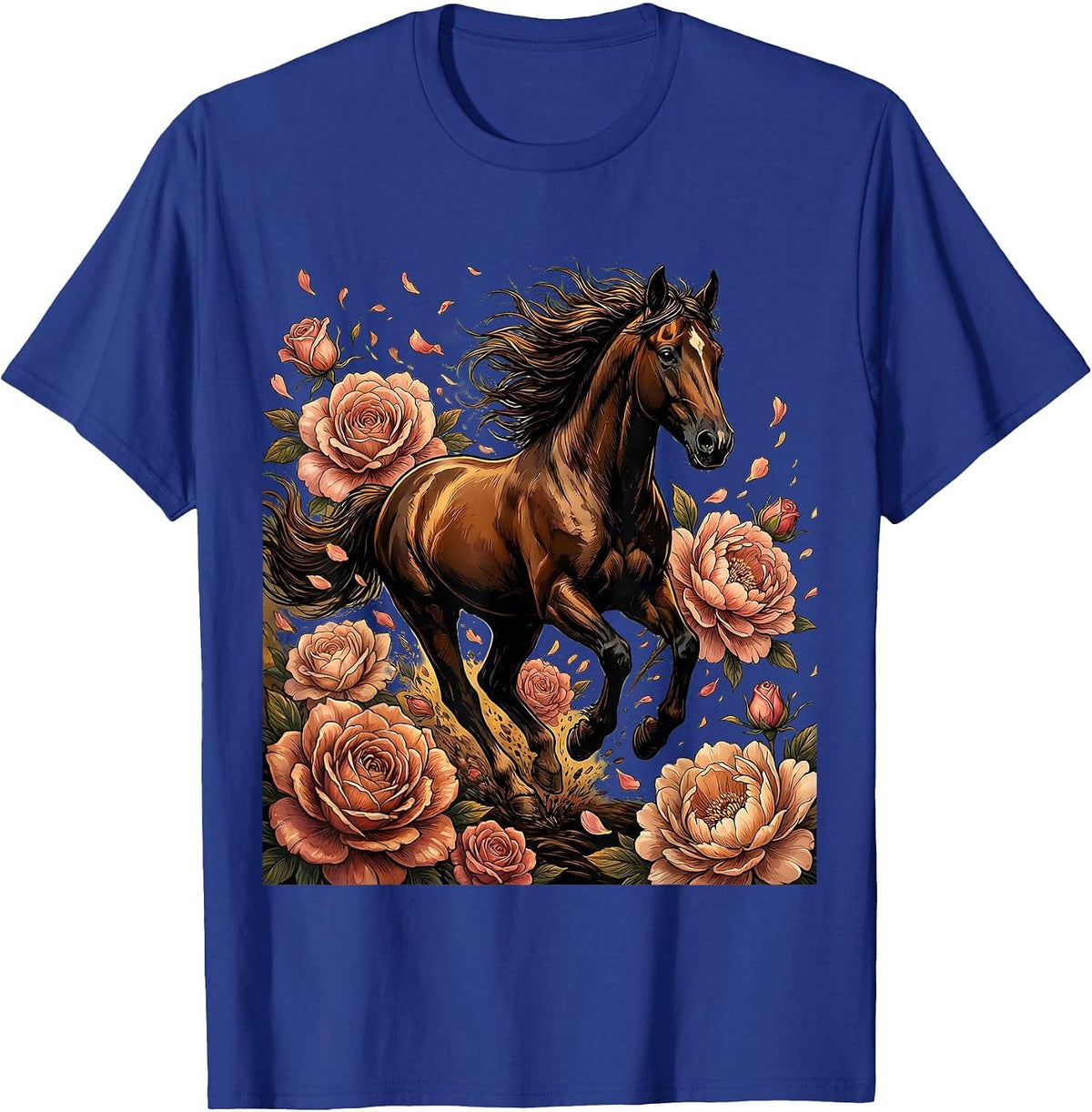 Floral Derby Galloping Horse Graphic Design T-Shirt - Royal Blue