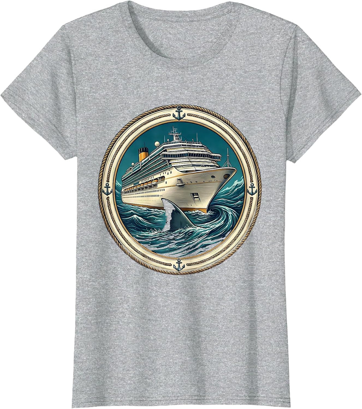 Shark Fin Circling Cruise Ship Graphic T-Shirt - Heather Grey