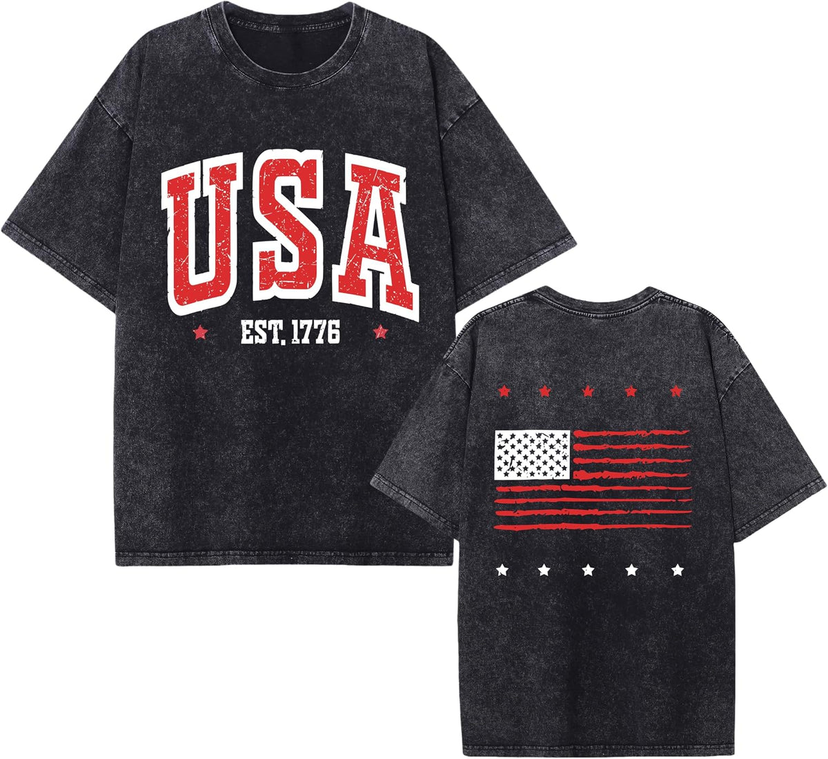 1776 American Flag Acid Washed T-Shirt Unisex Oversize Patriotic USA Tee for 4th of July 250th Anniversary - Black