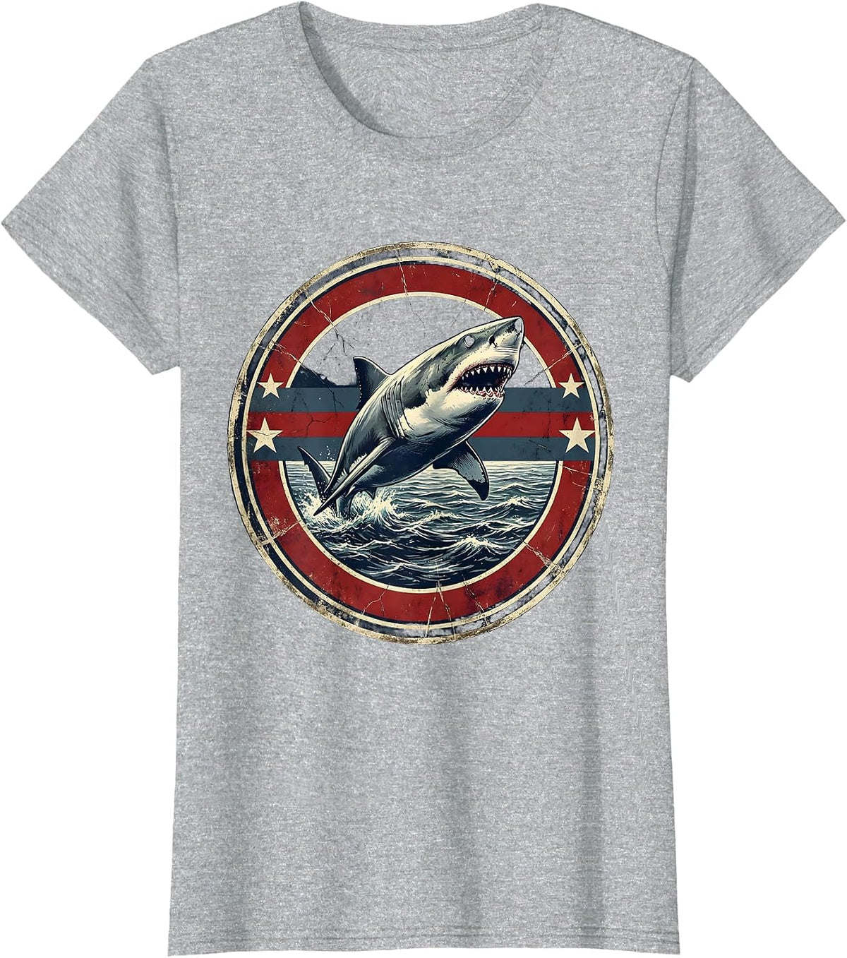 Great White Shark Breaching Ocean USA Design T-Shirt - Heather Grey
