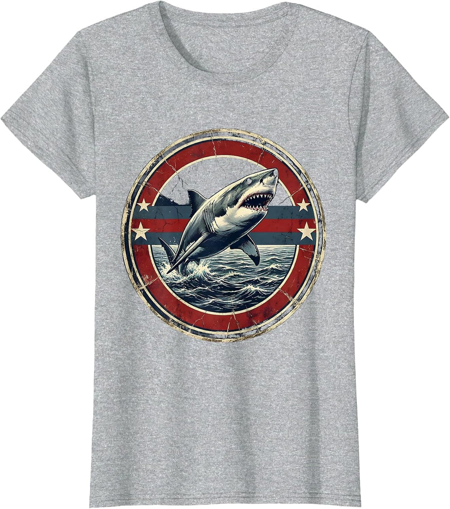 Great White Shark Breaching Ocean USA Design T-Shirt - Heather Grey