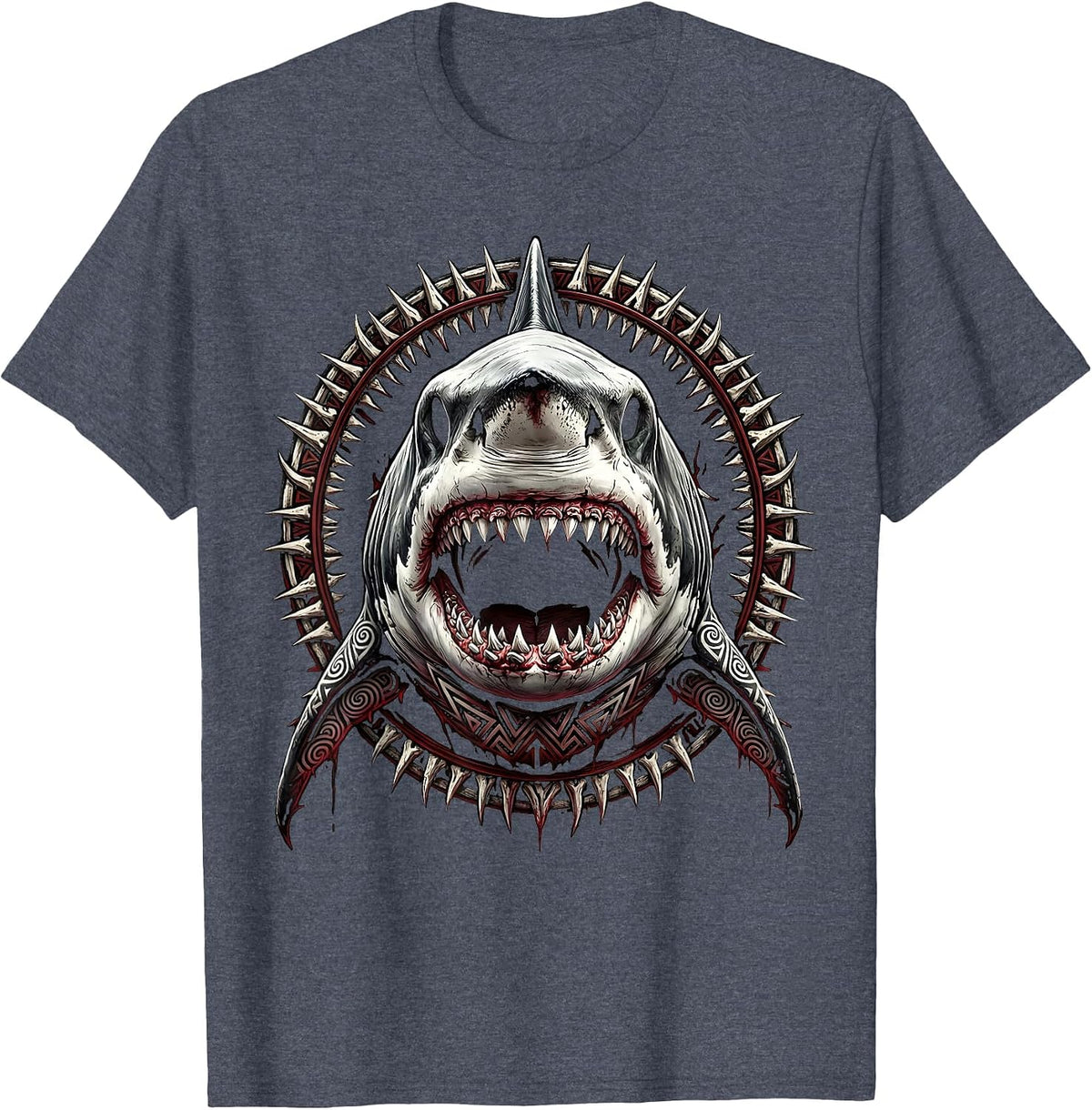 Tribal Tattoo Shark Forward-Facing Graphic T-Shirt - Heather Blue