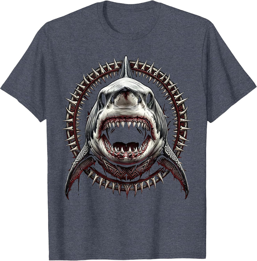 Tribal Tattoo Shark Forward-Facing Graphic T-Shirt - Heather Blue