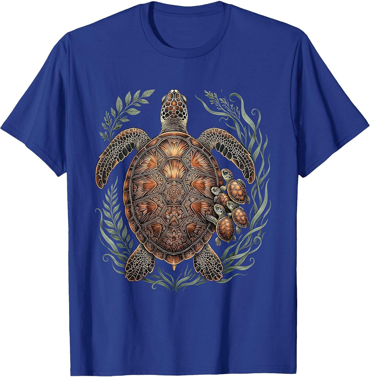 Mother Sea Turtle and Hatchlings Beach Illustration T-Shirt - Royal Blue