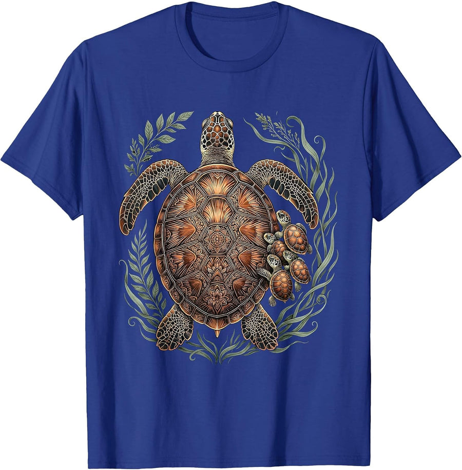 Mother Sea Turtle and Hatchlings Beach Illustration T-Shirt - Royal Blue