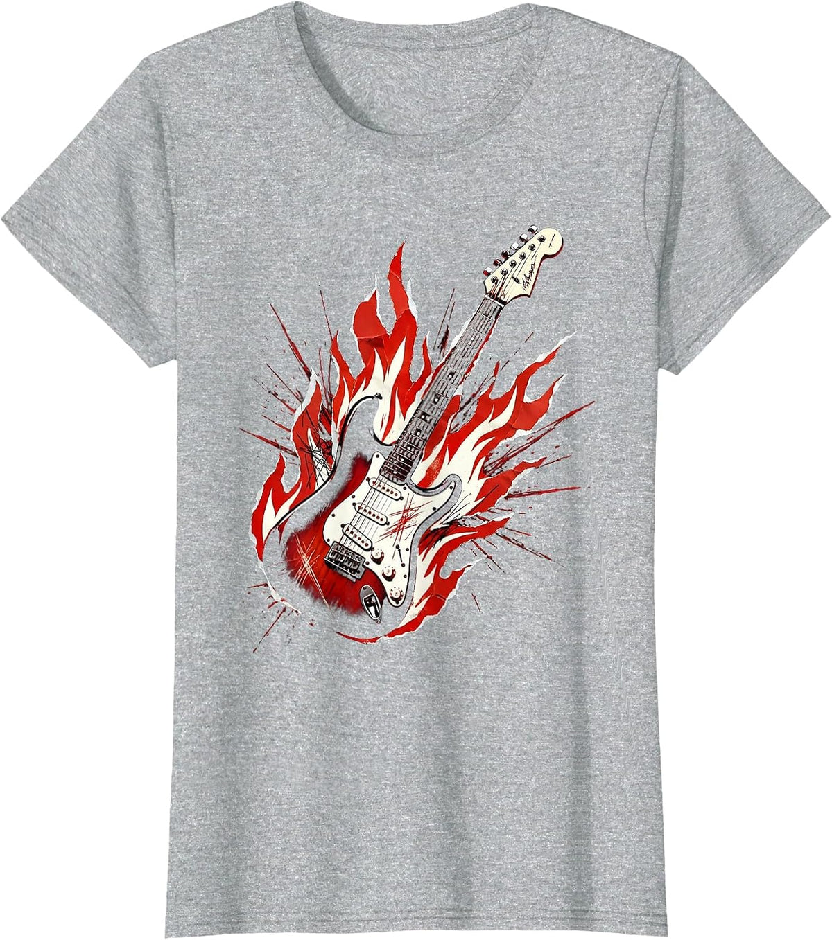 Flaming Electric Guitar Rock Band Graphic T-Shirt - Heather Grey