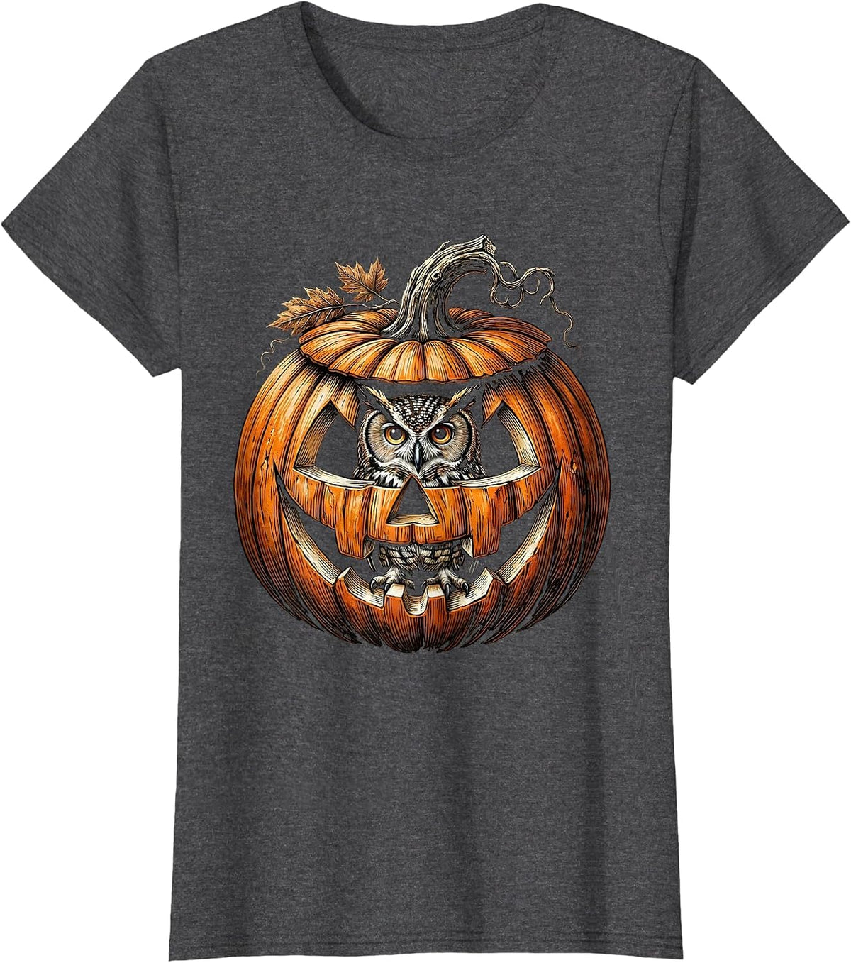 Women's Owl in Carved Pumpkin Lantern Halloween Design T-Shirt - Dark Heather Grey