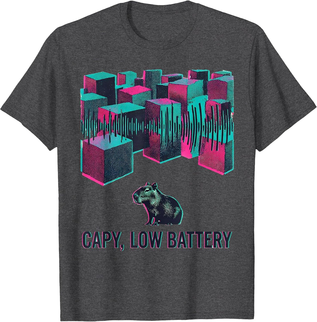 capy low battery Risograph Capybara Meme Animal Humor T-Shirt - Dark Heather Grey