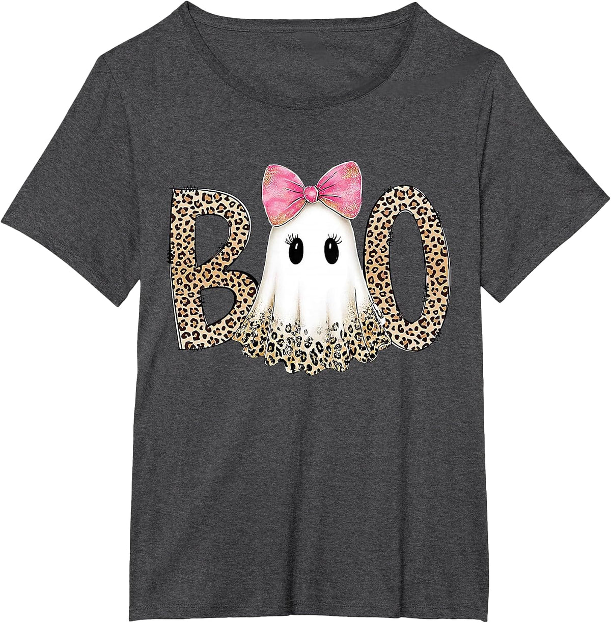 Preppy Leopard Ghost Boo Halloween T-Shirt - Dark Heather Grey