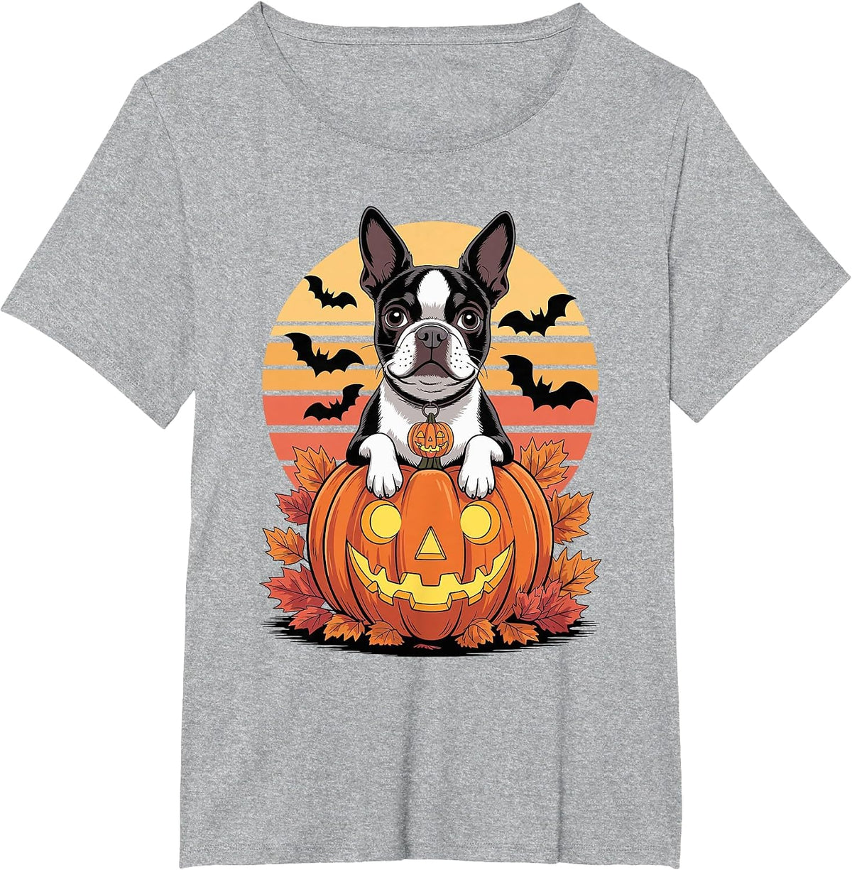 Halloween Retro Boston Terrier T-Shirt - Heather Grey