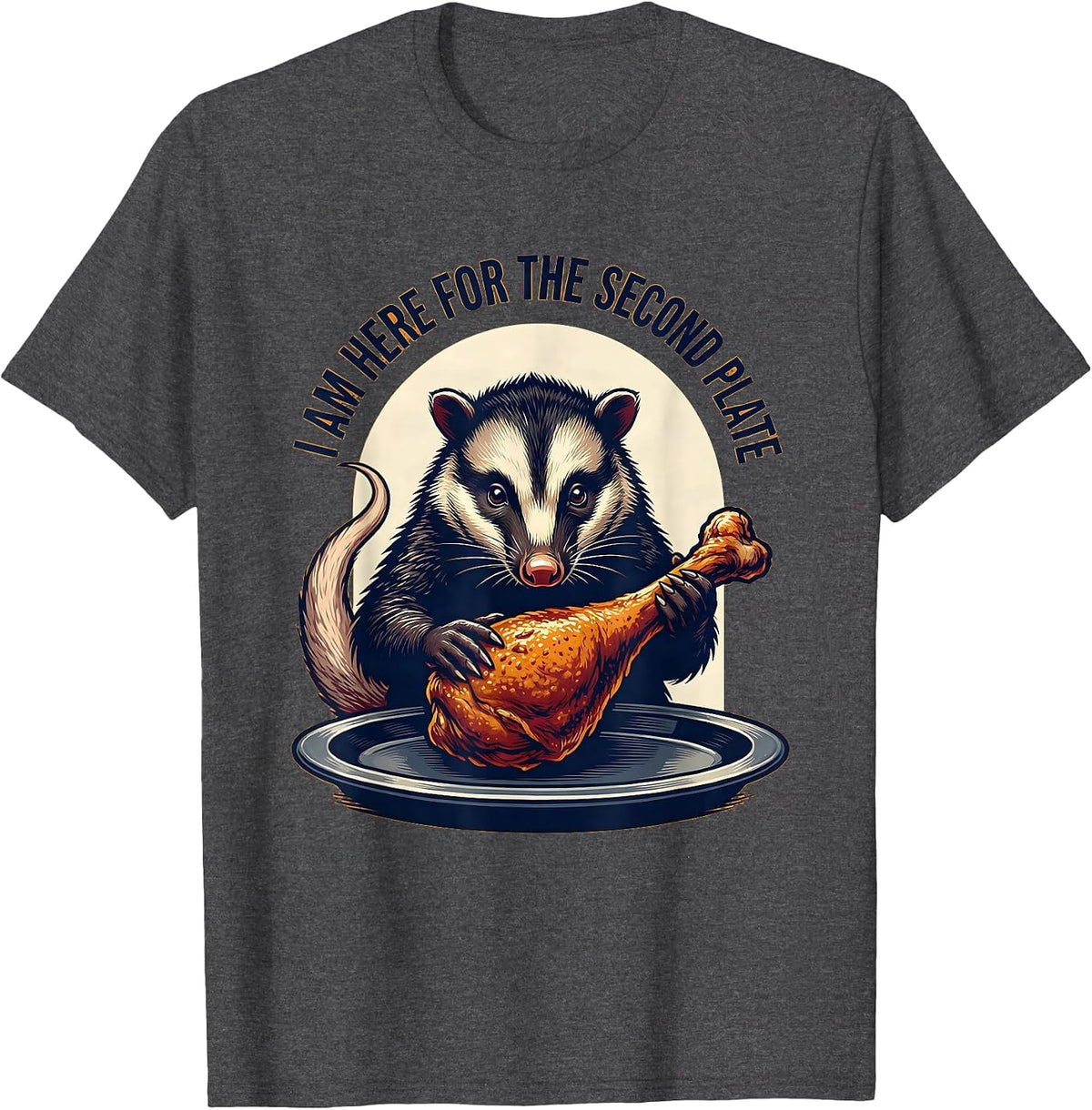 Men's I Am Here For The Second Plate Funny Opossum Thanksgiving T-Shirt - Dark Heather Grey