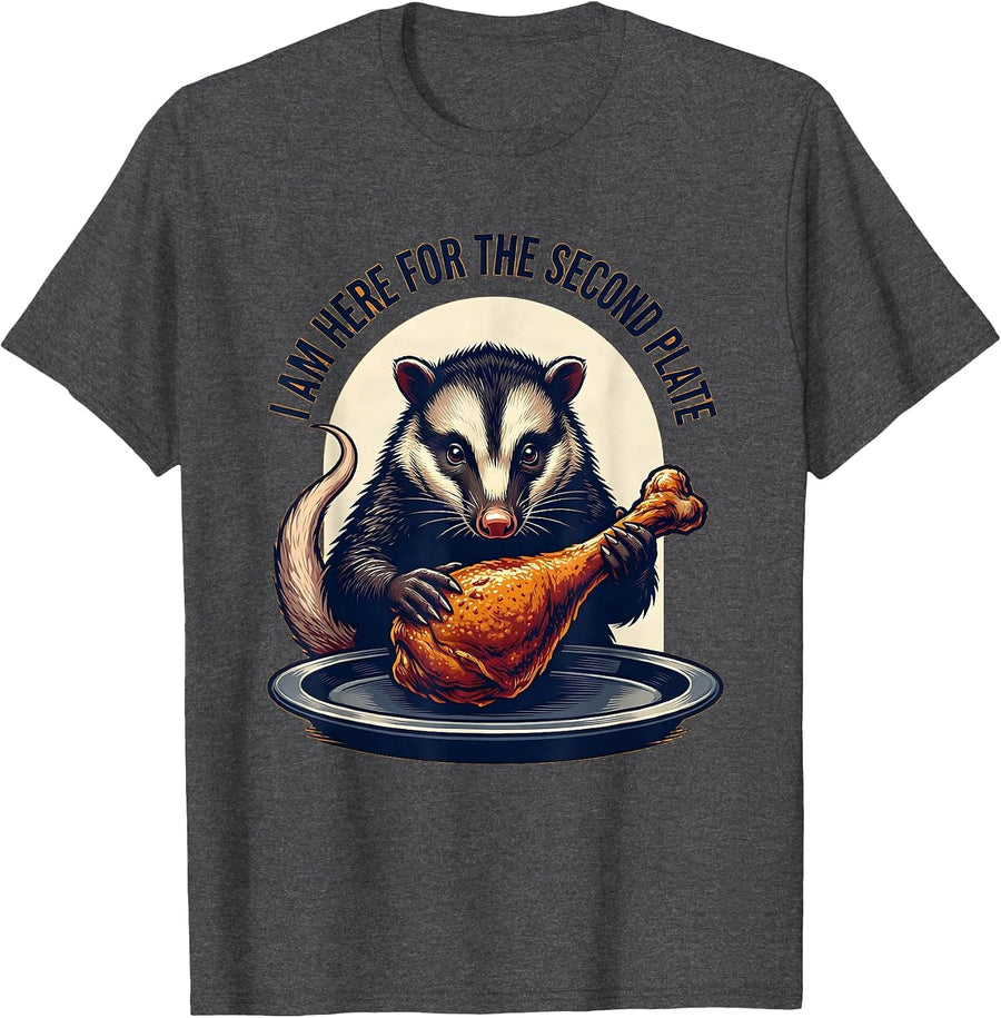 Men's I Am Here For The Second Plate Funny Opossum Thanksgiving T-Shirt - Dark Heather Grey