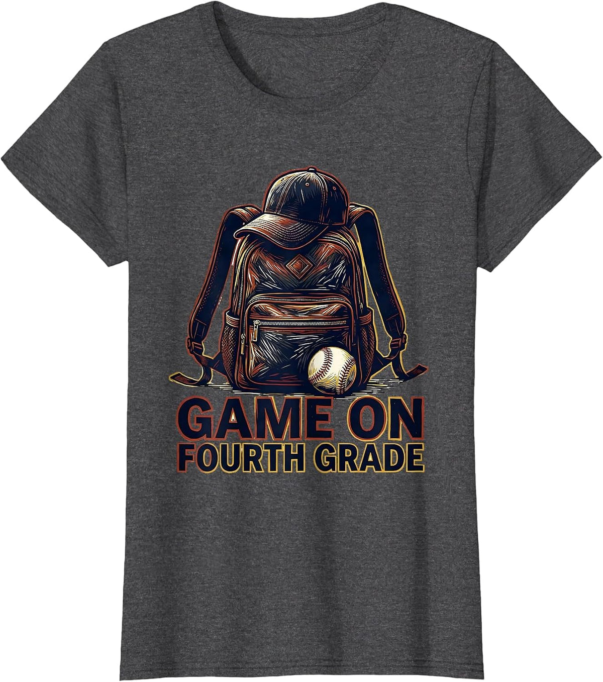 Women's Game On Fourth Grade Linocut Baseball Back To School Boy T-Shirt - Dark Heather Grey