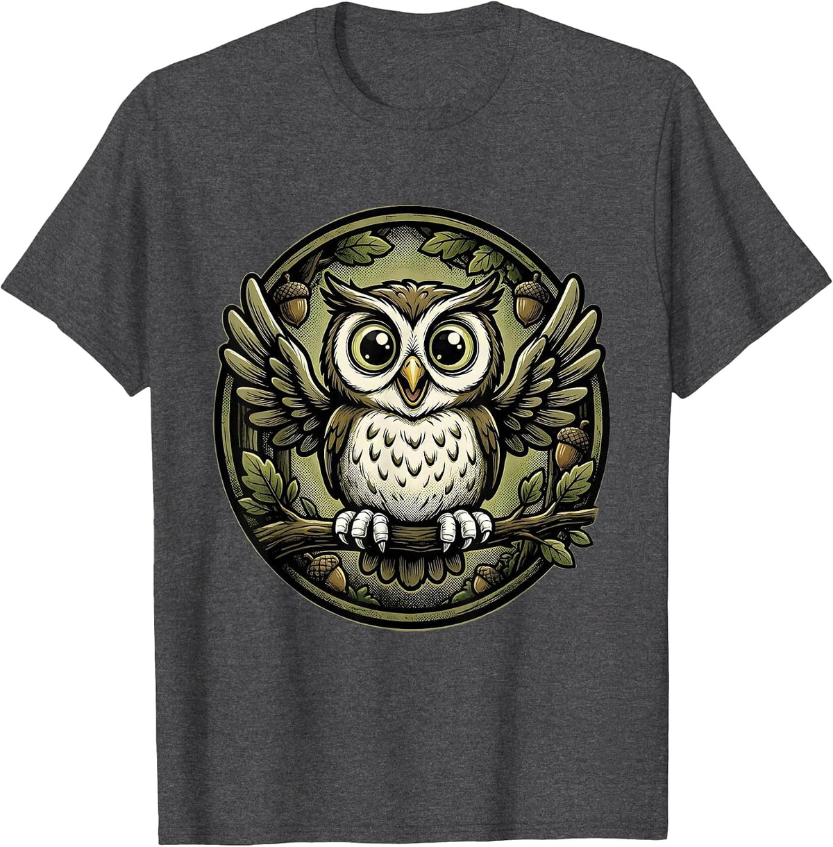 Men's Youth Camo Owl Perched on Branch Forest Art T-Shirt - Dark Heather Grey