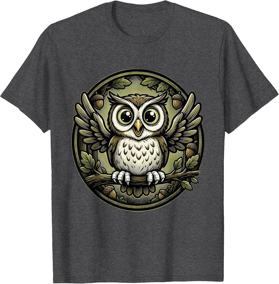 Men's Youth Camo Owl Perched on Branch Forest Art T-Shirt - Dark Heather Grey