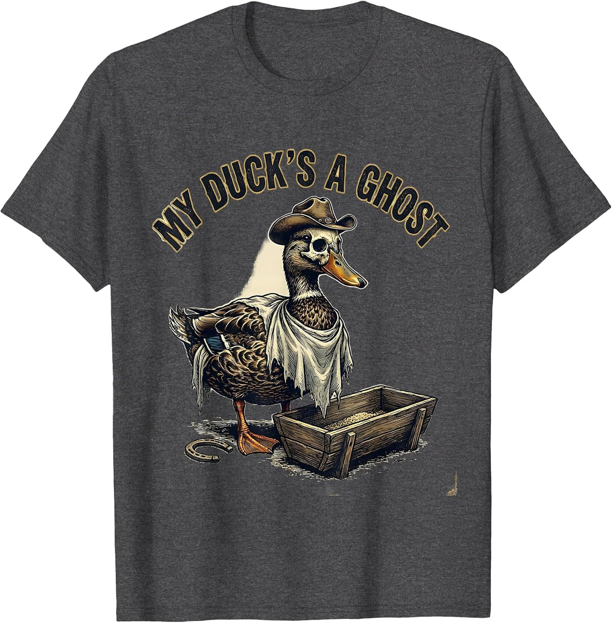 Men's My Duck's a Ghost Vintage Western Halloween Ghost Skeleton T-Shirt - Dark Heather Grey