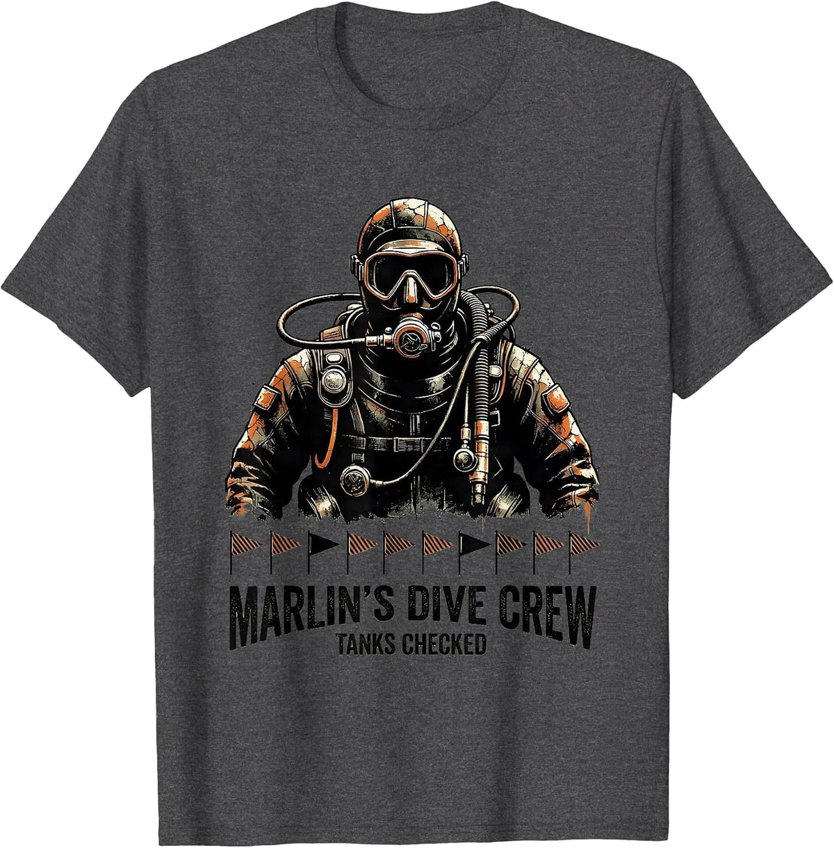 Marlin's Dive Crew Tanks Checked Distressed Scuba Diver T-Shirt - Dark Heather Grey
