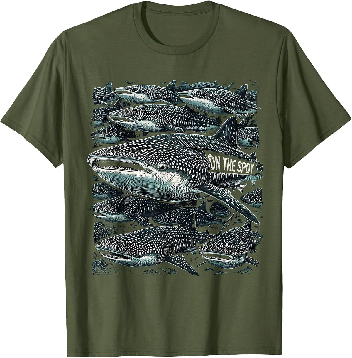 Men's On The Spot Whale Shark Woodcut Engraving Ocean Wildlife T-Shirt - Olive Green